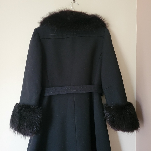 Vintage 70s Penny Lane Style Black Wool Trench Coat with Fur Trim - Picture 4 of 11